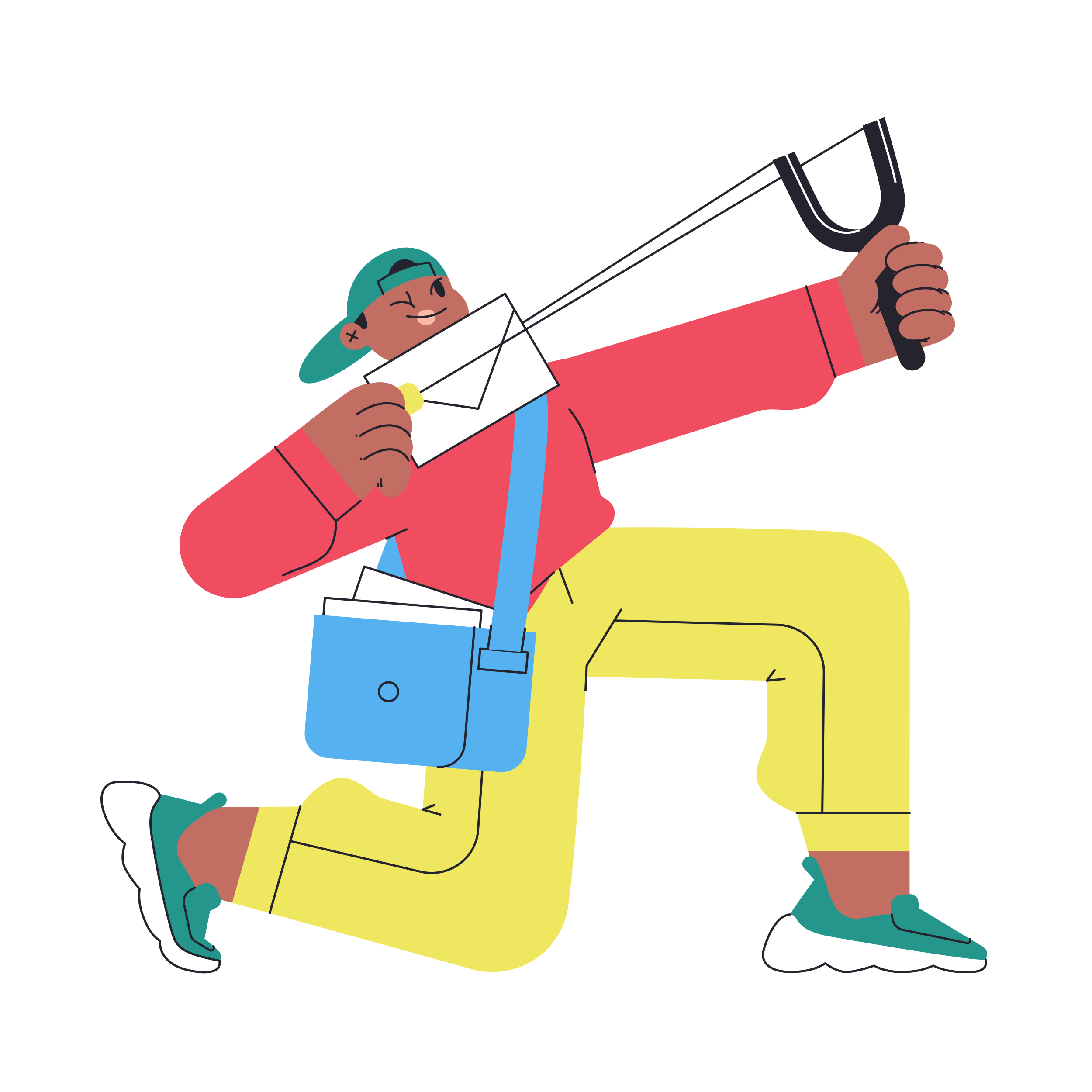 A mailman using a slingshot to deliver mail
